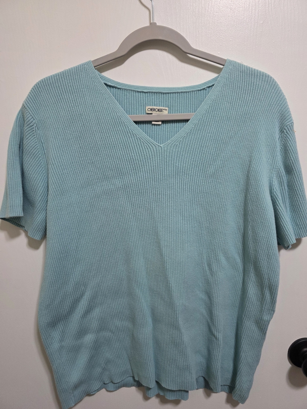 Vintage Y2K Cherokee Aqua Blue Ribbed Knit V-Neck Short Sleeve